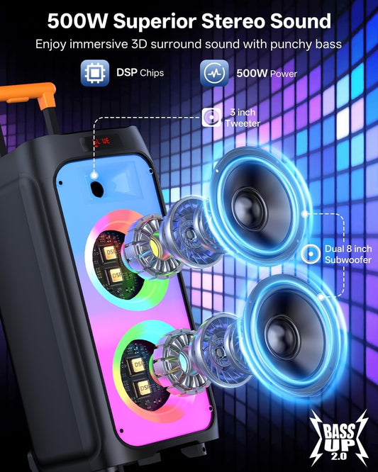 Karaoke Speaker Machine 500W Dual 8 Subwoofers 2 Wireless Mics Bluetooth Trolley
