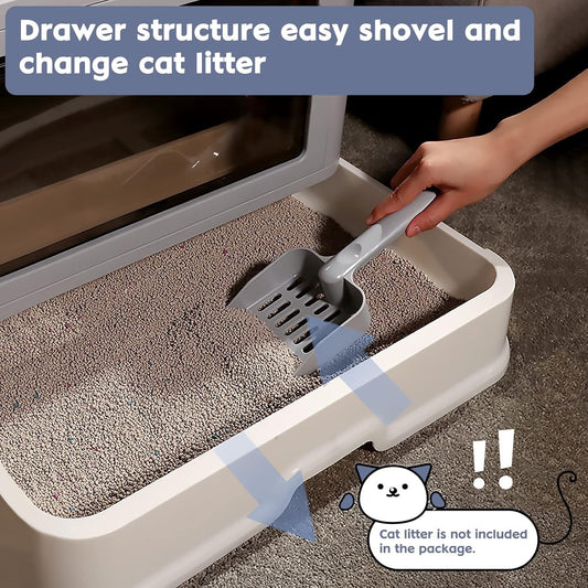 Foldable Cat Litter Box Top Entry Lid Drawer Easy Clean Large Capacity Grey