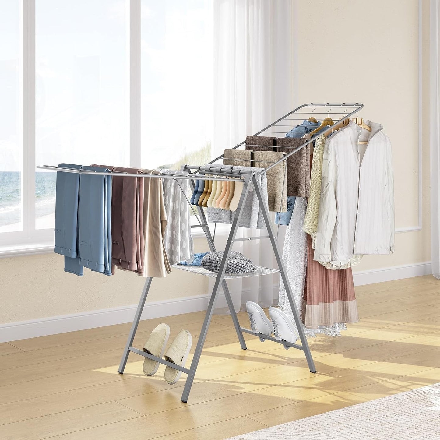 Clothes Airer Drying Rack Foldable Height Adjustable Laundry Indoor Outdoor Grey