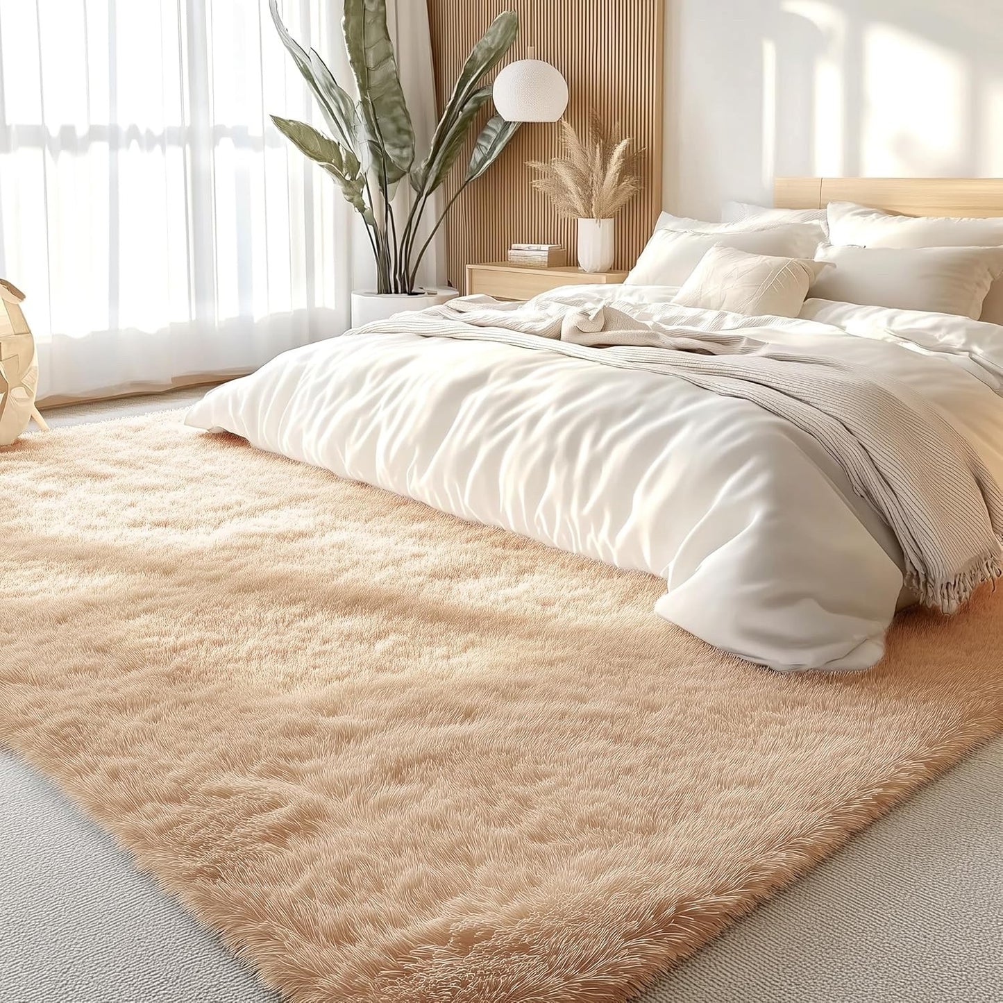 Large Shaggy Area Rug 300x400cm Beige Fluffy Non Slip Washable Carpet Kids Mat