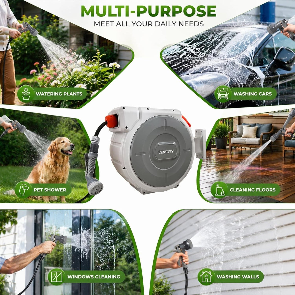 Garden Hose Reel Wall Mounted 40+2m Retractable Auto Rewind 180 Swivel 9 Spray