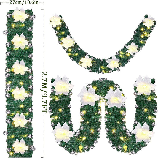 2.7m Christmas Garland LED Lights Silver Rattan Wreath Door Stair Decor