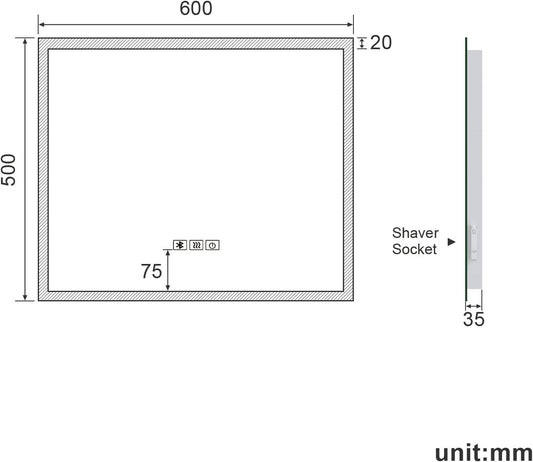 LED Bathroom Mirror 600x500mm Bluetooth Anti Fog Touch Sensor Shaver