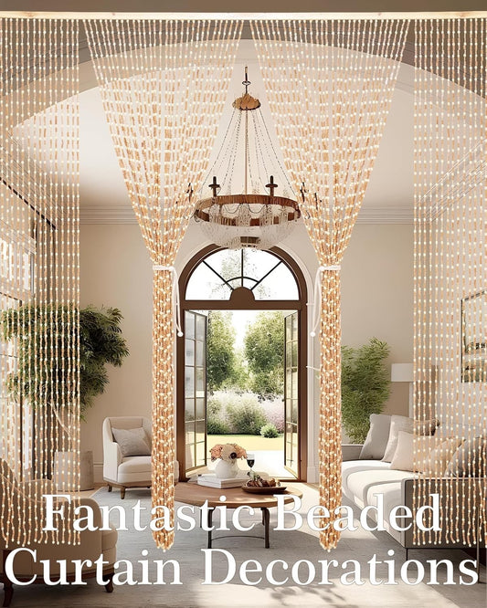Bamboo Beaded Door Curtain 90x200cm 52 Strands Beige Wooden Fly Screen Doorway