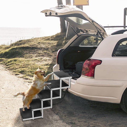 Dog Steps Car Stairs Ramp 5 Step Folding Aluminium Non Slip 80kg SUV Pet Portabl