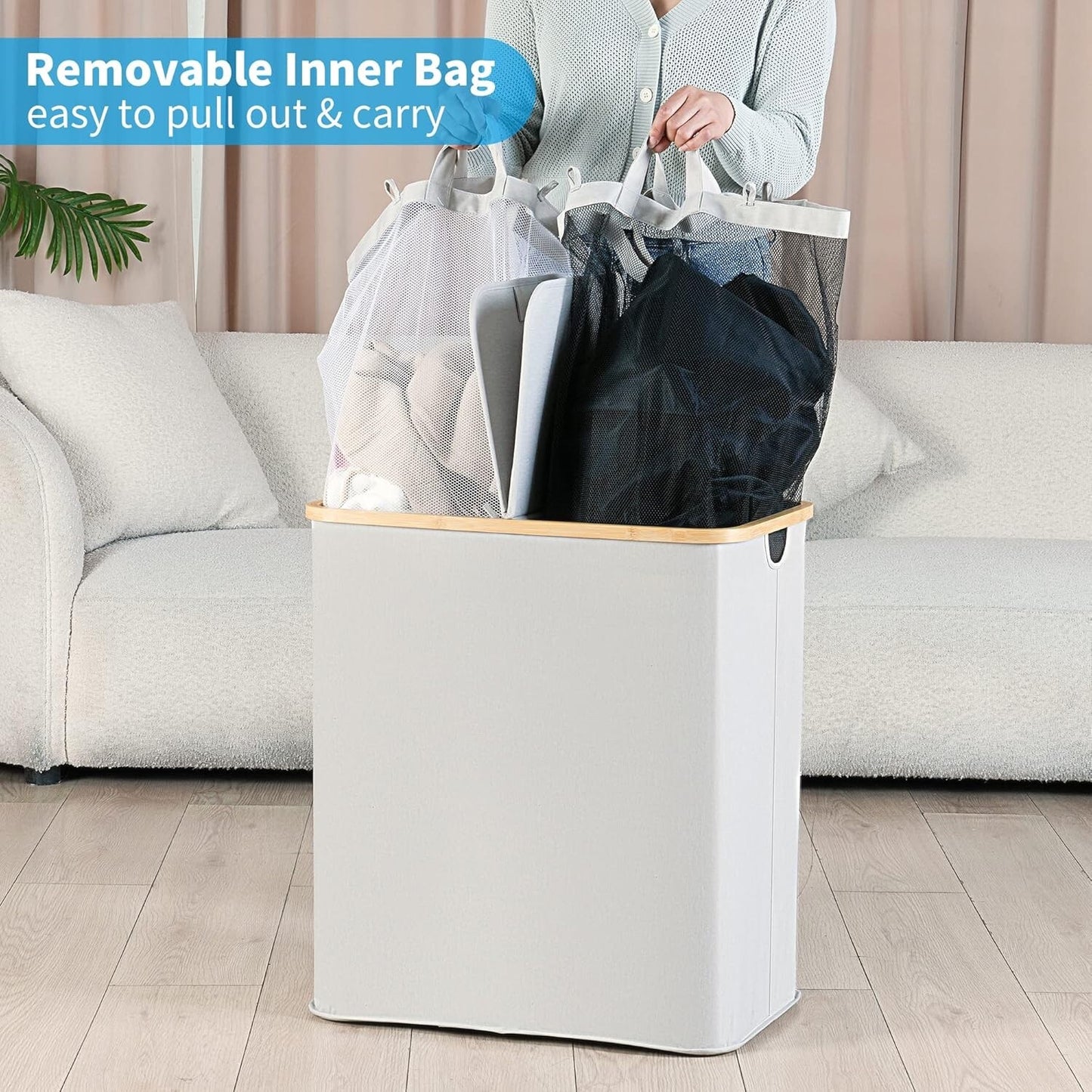Efluky 140L Large Divided Wash Basket with Lid 2 Section Blue-grey