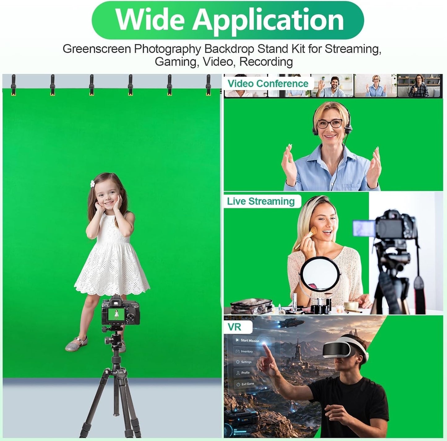 Green Screen Backdrop Stand 1.5x2m Photo Video Studio Streaming Gaming Kit