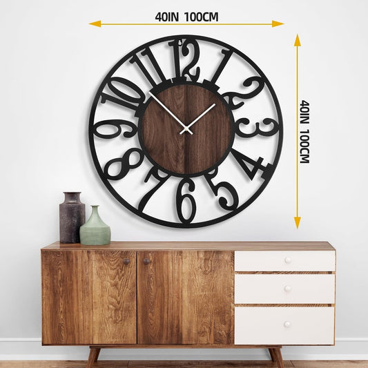Wall Clock Oversized 40 Inch Metal Wood Arabic Numbers Silent Farmhouse Decor
