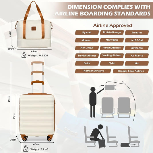 Cabin Suitcase Hand Luggage 2 Piece Set 55x40x20cm Black Brown TSA 4 Wheels