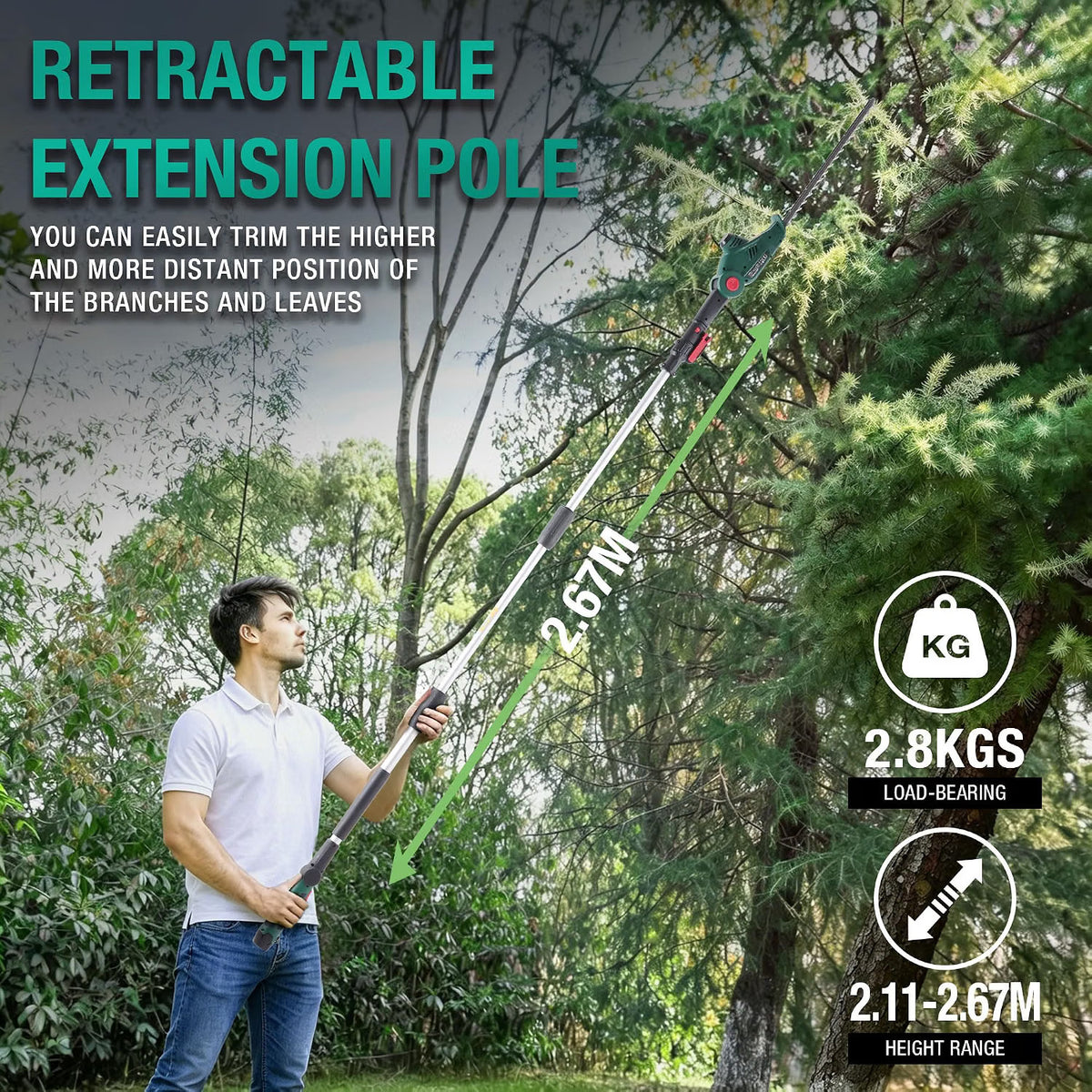 Cordless Pole Hedge Trimmer 12V 2.67m Reach 45cm Blade 2x2.0Ah Battery 135° Head