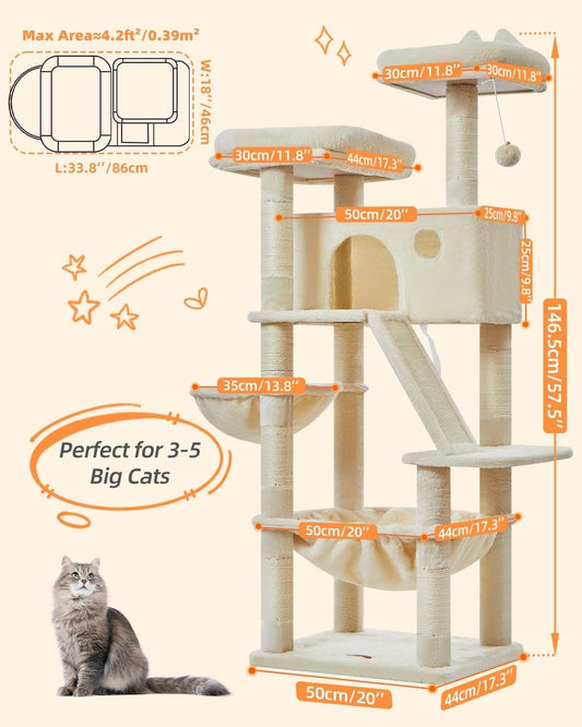 Cat Tree Scratching Tower 146cm Large Indoor Condo Hammock 8 Sisal Posts Beige