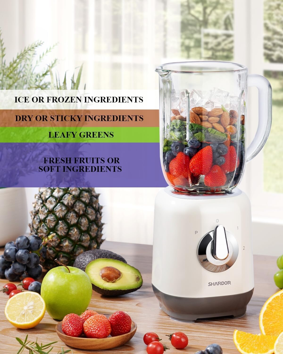 SHARDOR Blender Smoothie Maker with 6 Sharp Stainless Steel Blades & Glass Jug