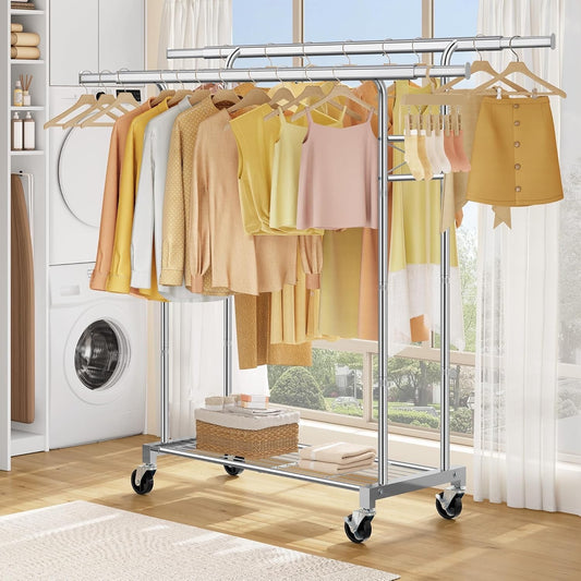 Clothes Rail Heavy Duty Double Rod Extendable Rack Storage Shelves Silver 190cm
