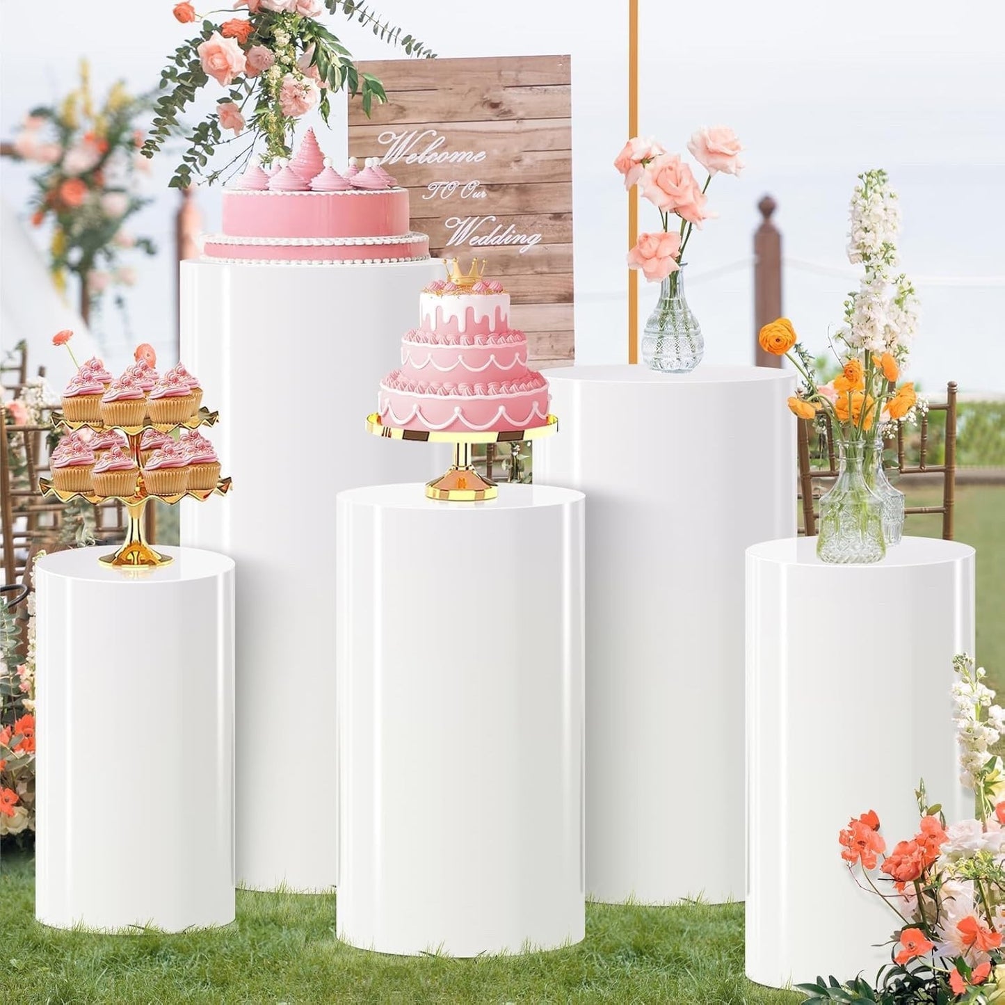 Cylinder Pedestal Stands 5pcs White Party Plinth Display Wedding Cake Tables