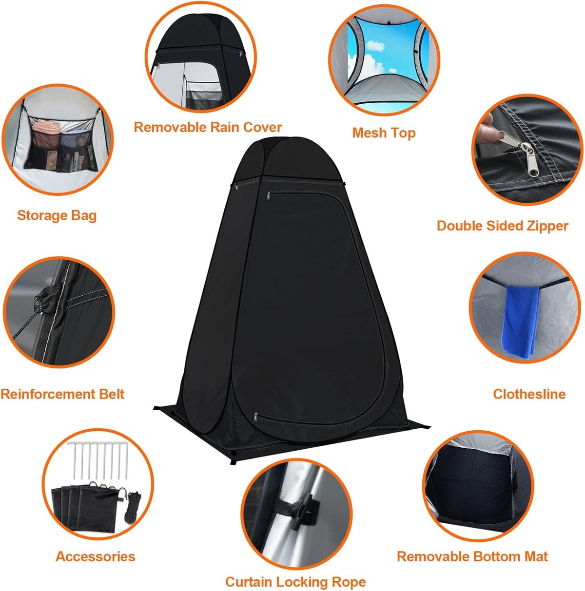 Pop Up Privacy Tent Camping Shower Toilet Changing 120x120x195cm Black UPF50