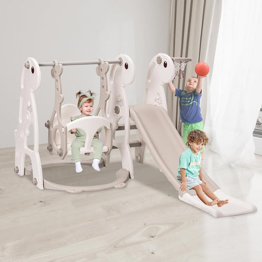 Kids Slide Swing Set Indoor Climber Playset Adjustable Swing Hoop Beige