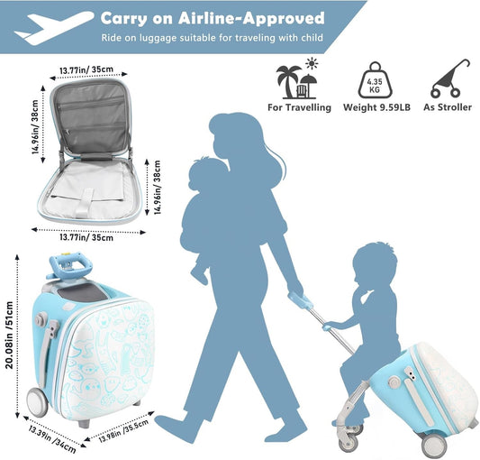 Kids Ride On Suitcase 20in Carry On Luggage Seat Stroller Wheels Guard Rail