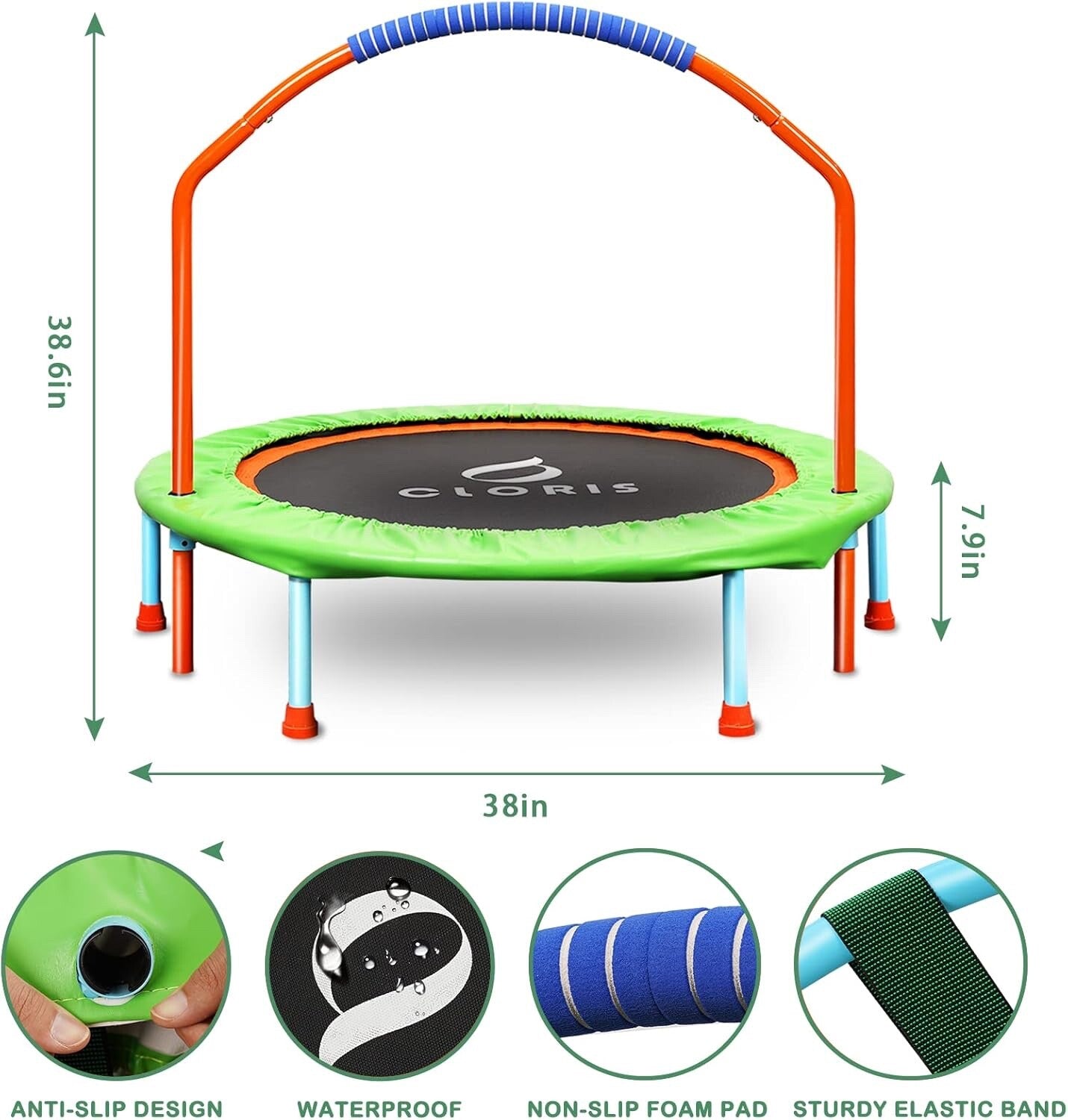 CLORIS 38'' Foldable Fitness Trampoline Max Load 220lbs Rebounder Green
