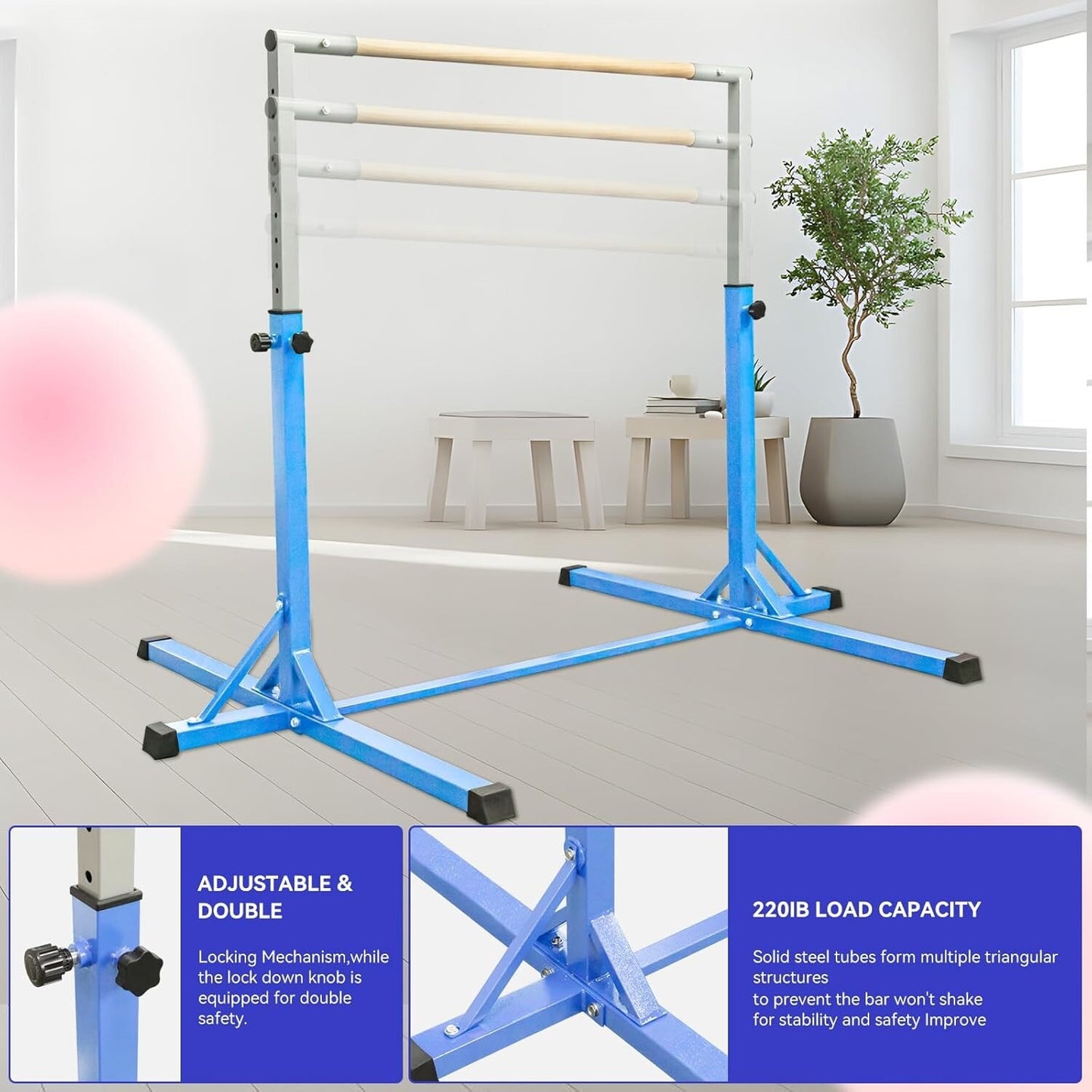 FBSPORT Gymnastics Horizontal Bar with Gymnastic Rings Height Adjustable Pink