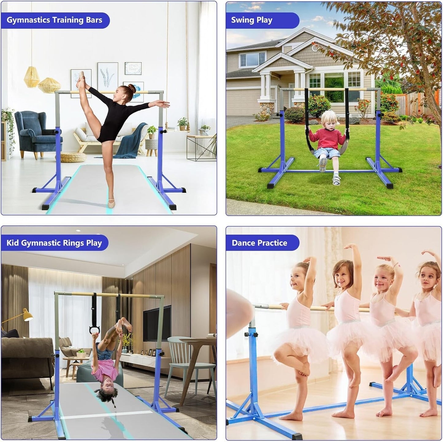 FBSPORT Gymnastics Horizontal Bar with Gymnastic Rings Height Adjustable Pink