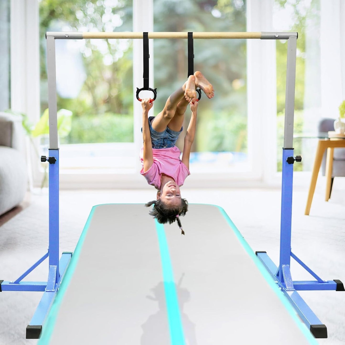 FBSPORT Gymnastics Horizontal Bar with Gymnastic Rings Height Adjustable Pink