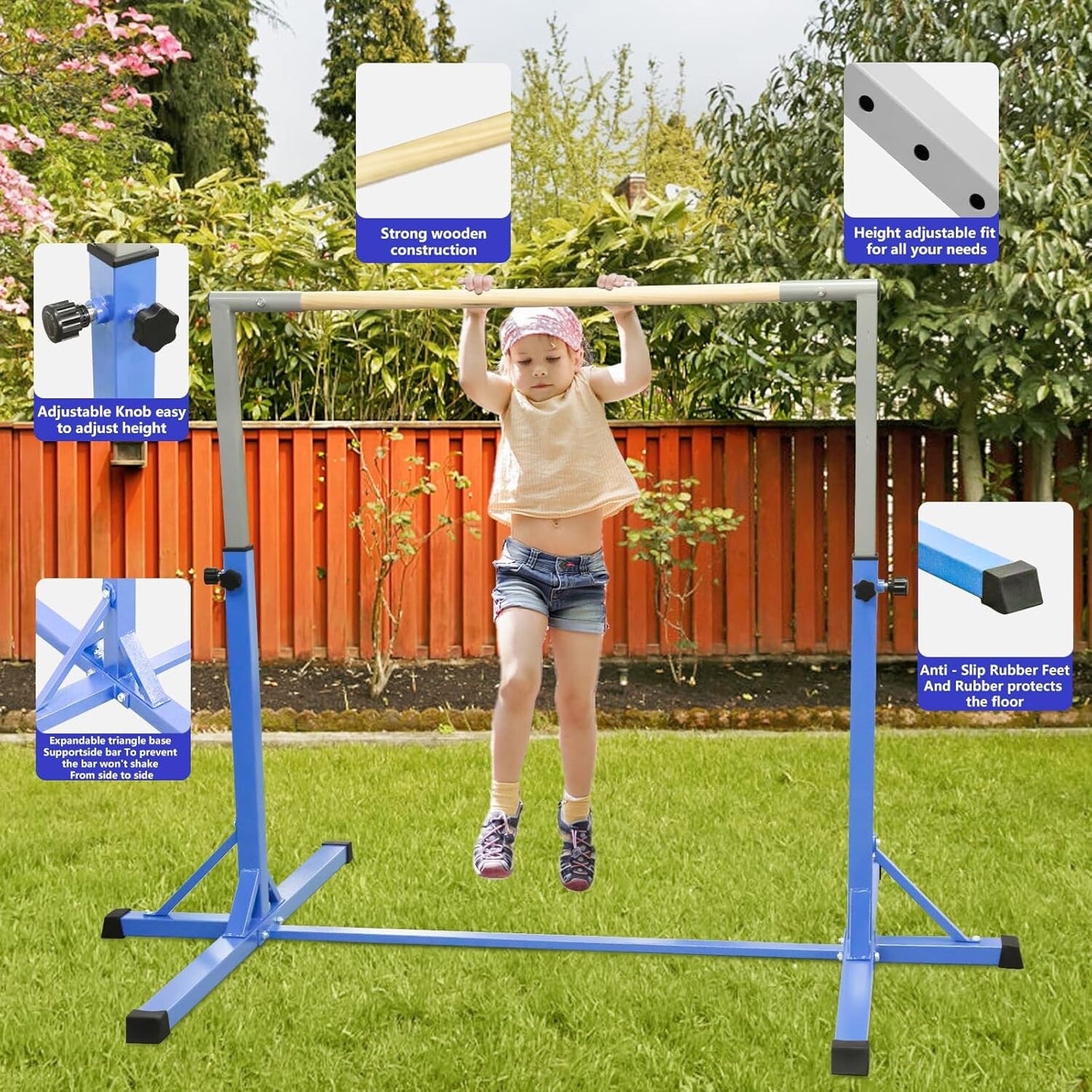 FBSPORT Gymnastics Horizontal Bar with Gymnastic Rings Height Adjustable Pink