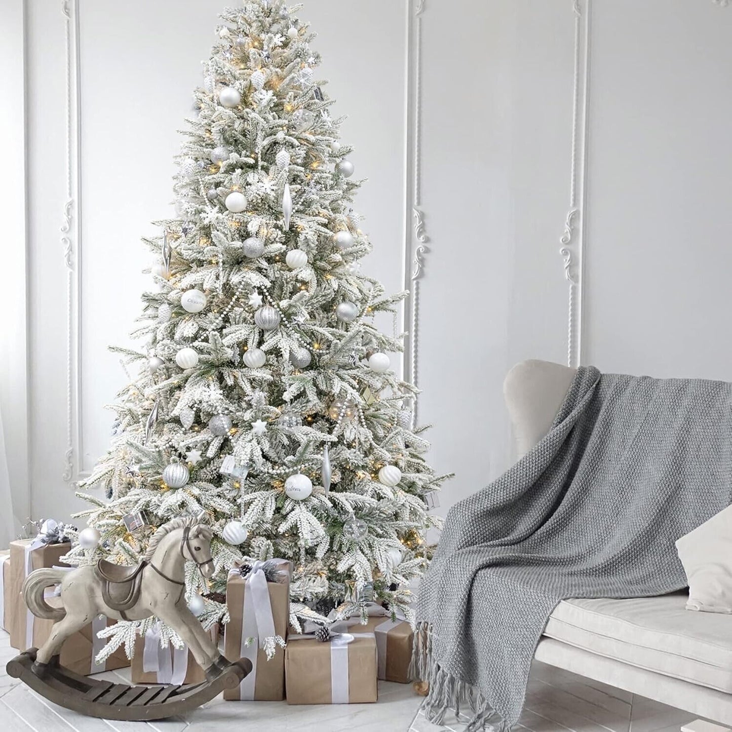 KI Store Flocked Christmas Tree 6.5ft Unlit Hinged Artificial Realistic Pine