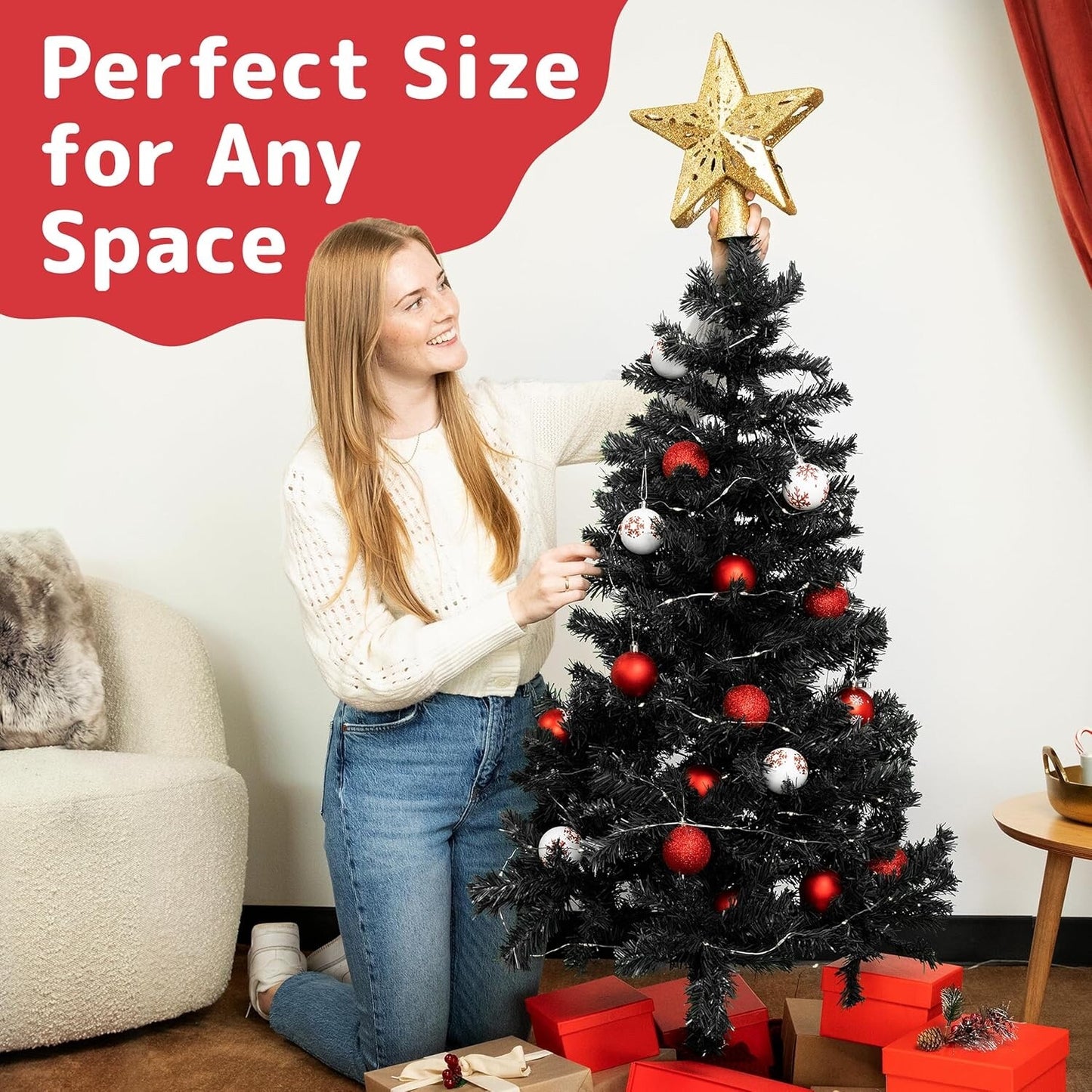 Prextex 1.2M Black Christmas Tree Canadian Fir Tree with Metal Stand