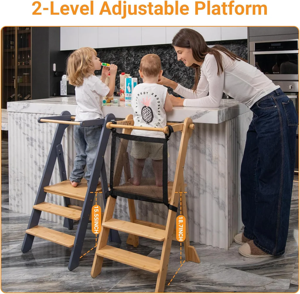 COSYLAND Toddler Standing Tower Adjustable Height Folding Step Stool Grey Wood