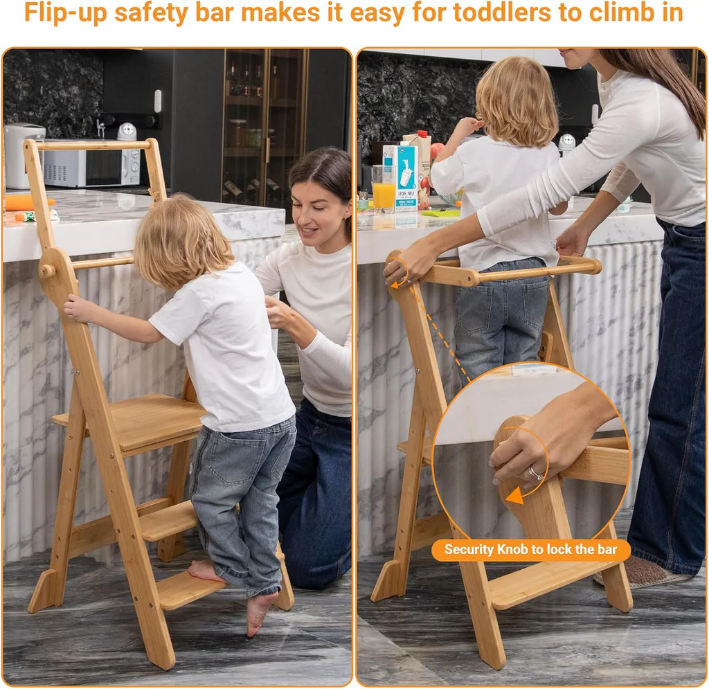 COSYLAND Toddler Standing Tower Adjustable Height Folding Step Stool Grey Wood