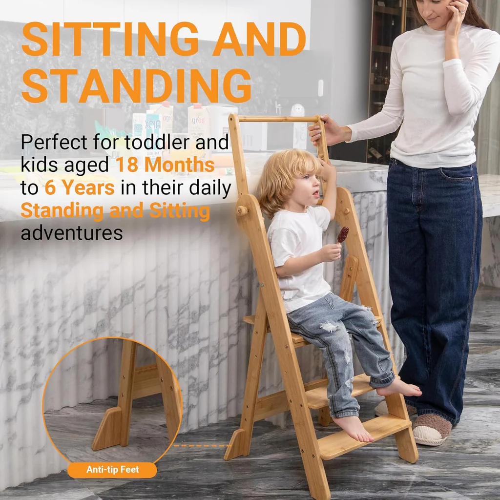 COSYLAND Toddler Standing Tower Adjustable Height Folding Step Stool Grey Wood