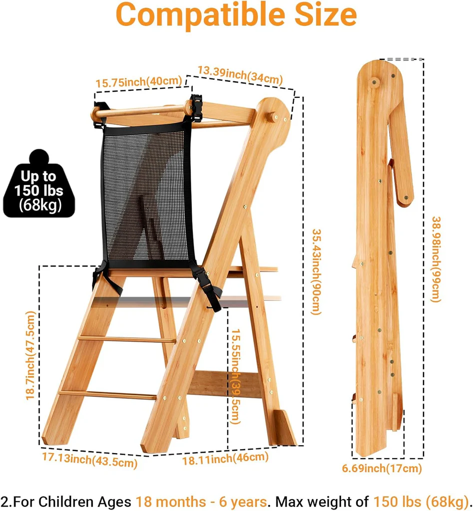 COSYLAND Toddler Standing Tower Adjustable Height Folding Step Stool Grey Wood