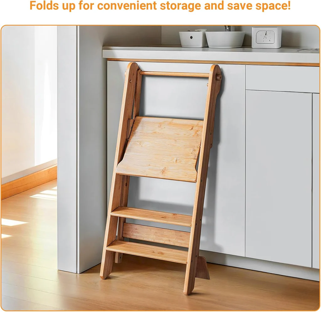 COSYLAND Toddler Standing Tower Adjustable Height Folding Step Stool Grey Wood