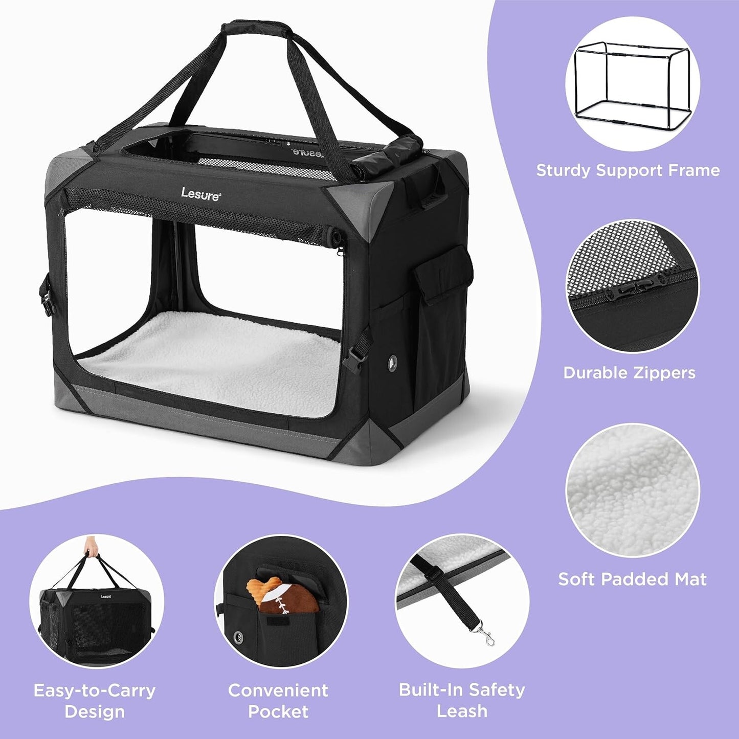 Lesure Dog Travel Crate Medium - Pet Soft Sided Carriers Outdoors 61x40x40 cm