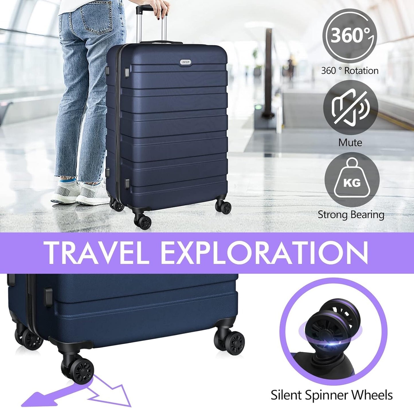 AnyZip Luggage PC ABS Hardside Lightweight Suitcase with 4 Universal Wheels 24"