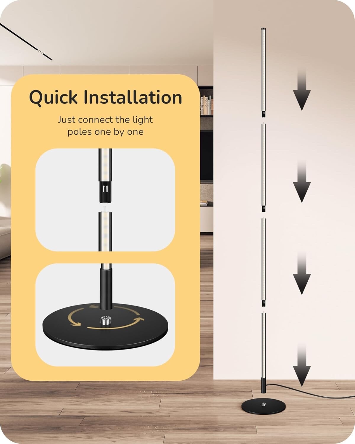 EDISHINE 2 Pack LED Floor Lamp 146cm Minimalist Dimmable Standing Lamp Black