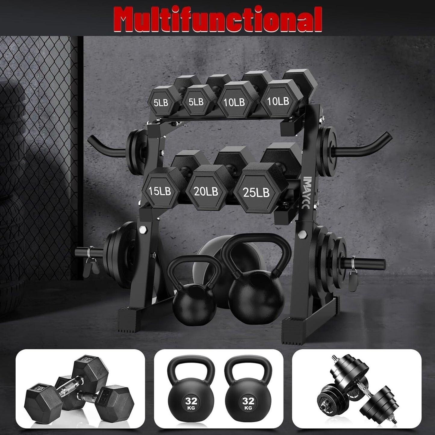 IMAYCC Dumbbell Rack Adjustable 3 Tier Storage Stand Heavy Duty Steel