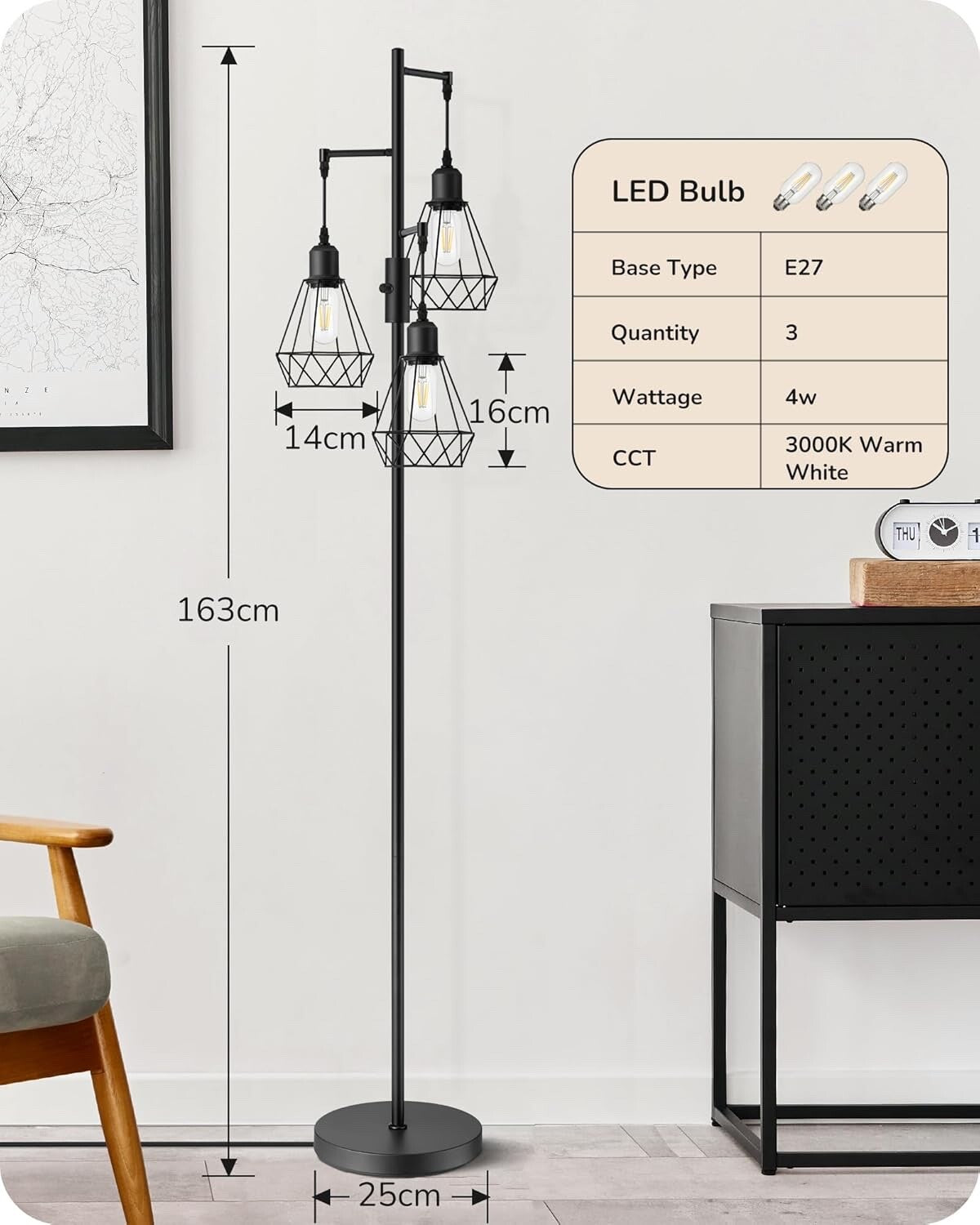 EDISHINE Industrial Floor Lamp with 3 LED Bulbs Diamond Cage Lampshade Black