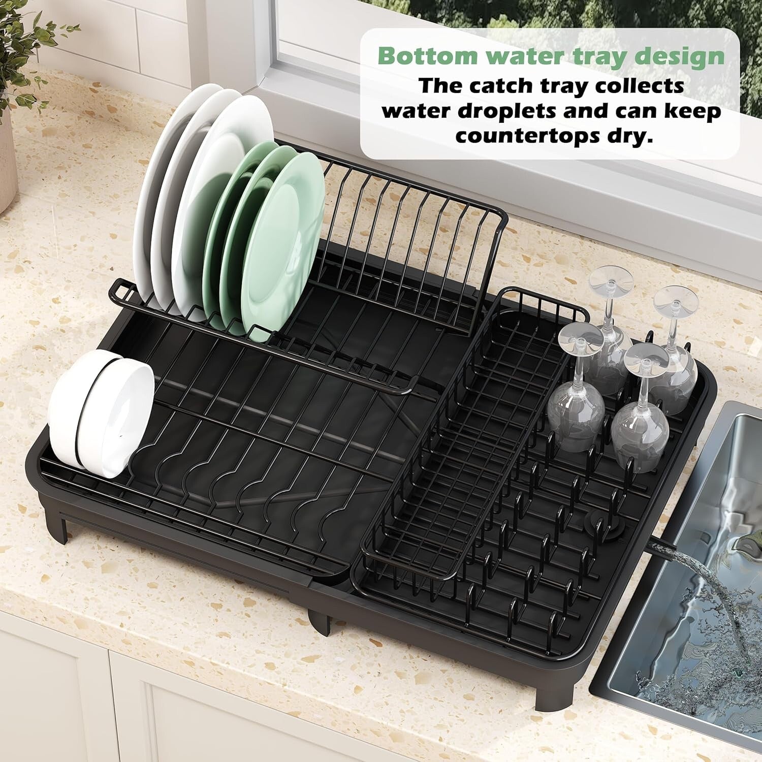 Large Dish Drying Rack with Drainboard Extendable Kitchen Countertop Organiser