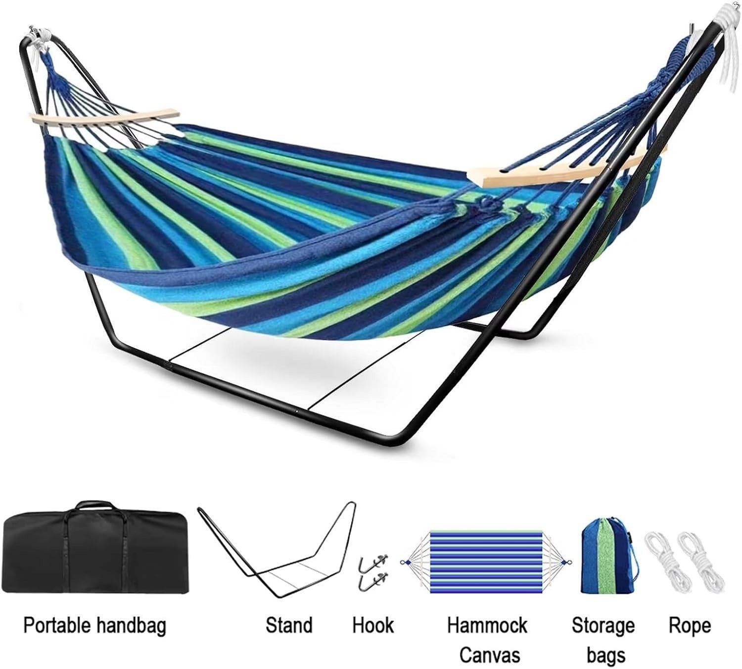 Double Cotton Hammock Stand Adjustable Steel Frame Blue 2 Person Carry Bag Set