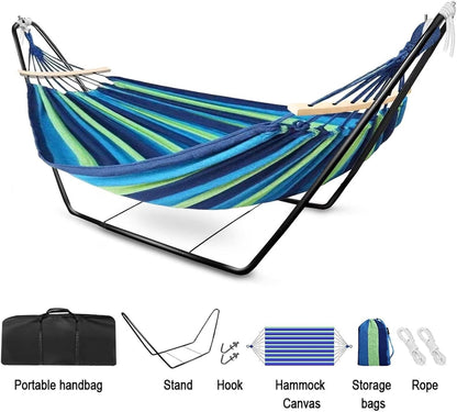Double Cotton Hammock Stand Adjustable Steel Frame Blue 2 Person Carry Bag Set