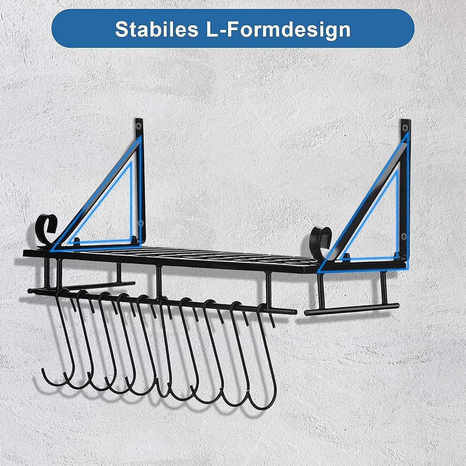 Metal Hanging Pan Pot Rack Wall Mounted With 10 Hook Holders Kitchen Storage