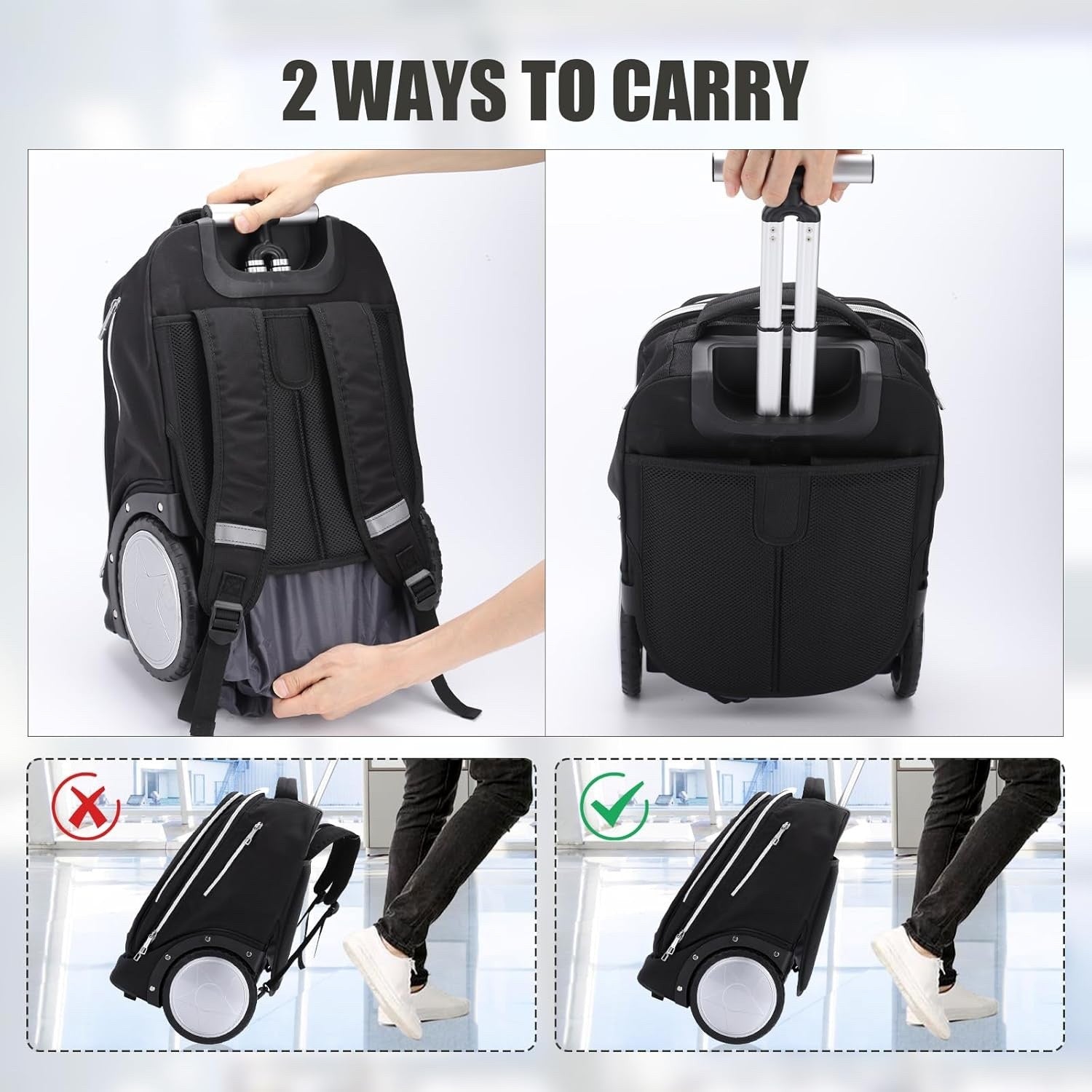 Rolling Backpack Carry On Laptop Bag Large Wheels Telescopic Handle Travel