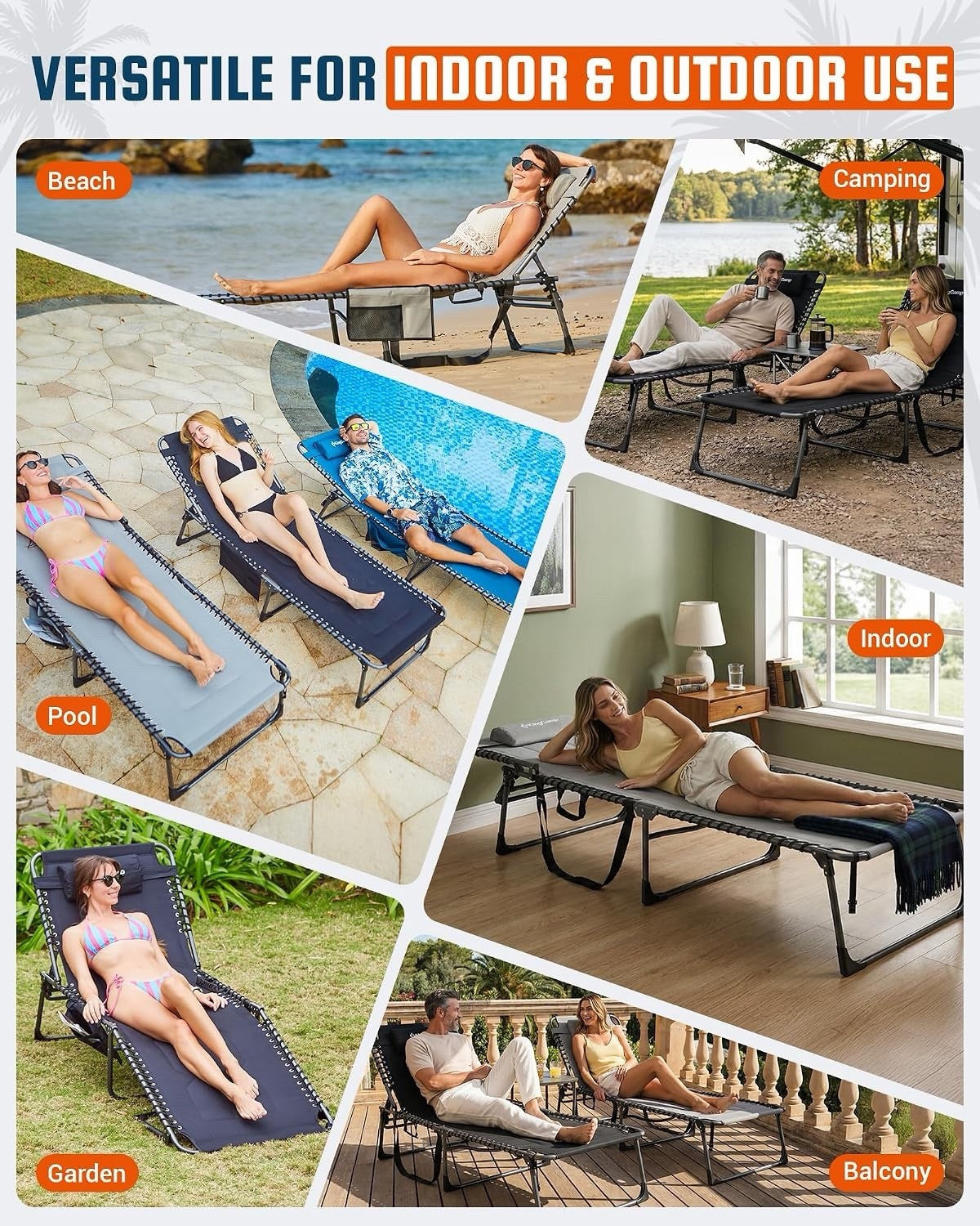 Sun Lounger Garden Recliner Folding Padded Black 200x68cm KingCamp XL 1 Pack