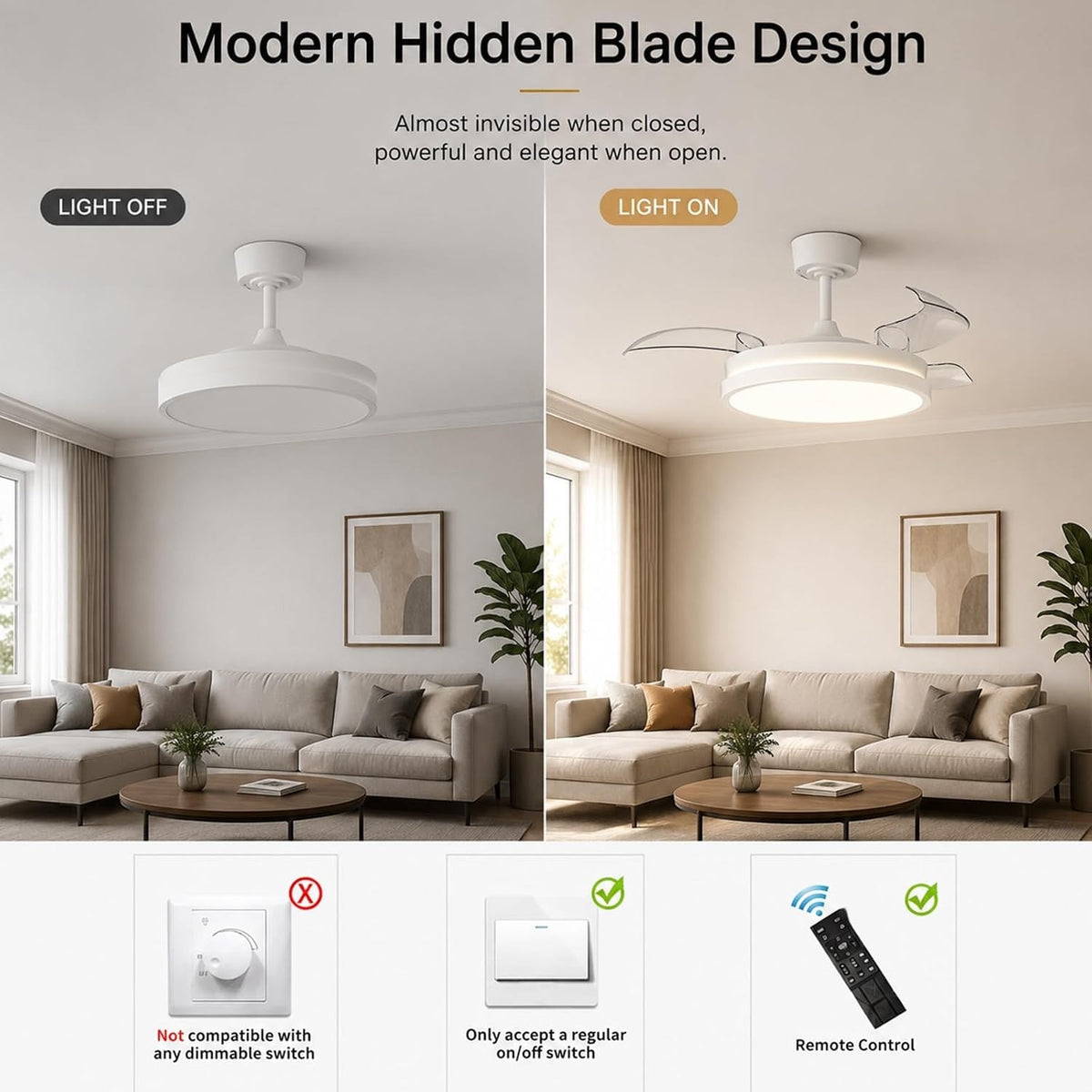 Ceiling Fan Light LED Remote Control 106cm Retractable Blades 6 Speed DC White