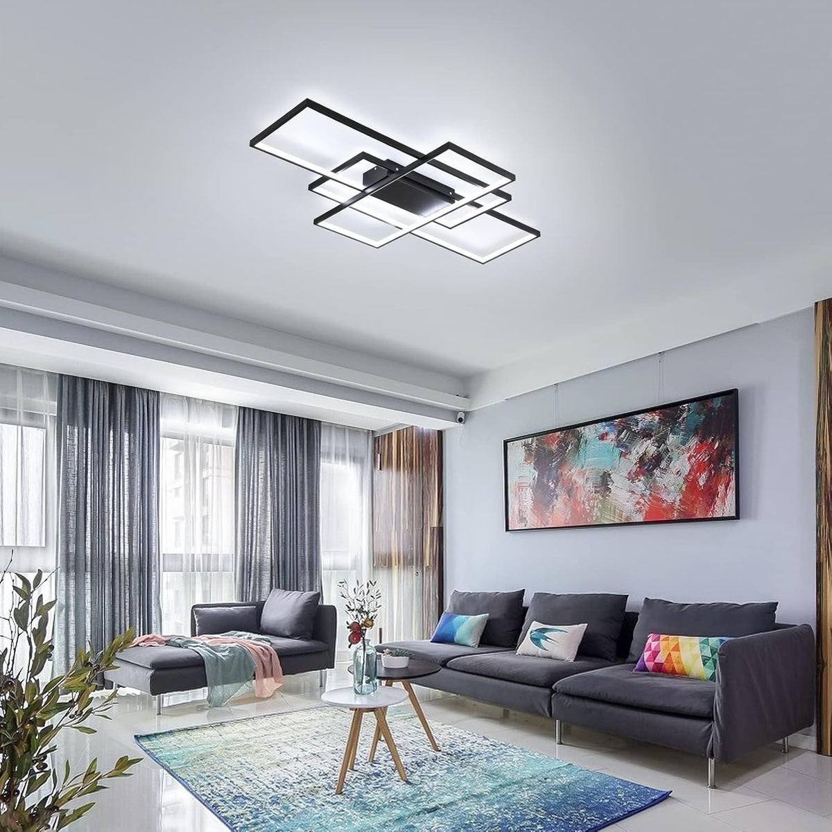 LED Ceiling Light Chandelier 70W 110cm Black Dimmable 3 Square Remote Control