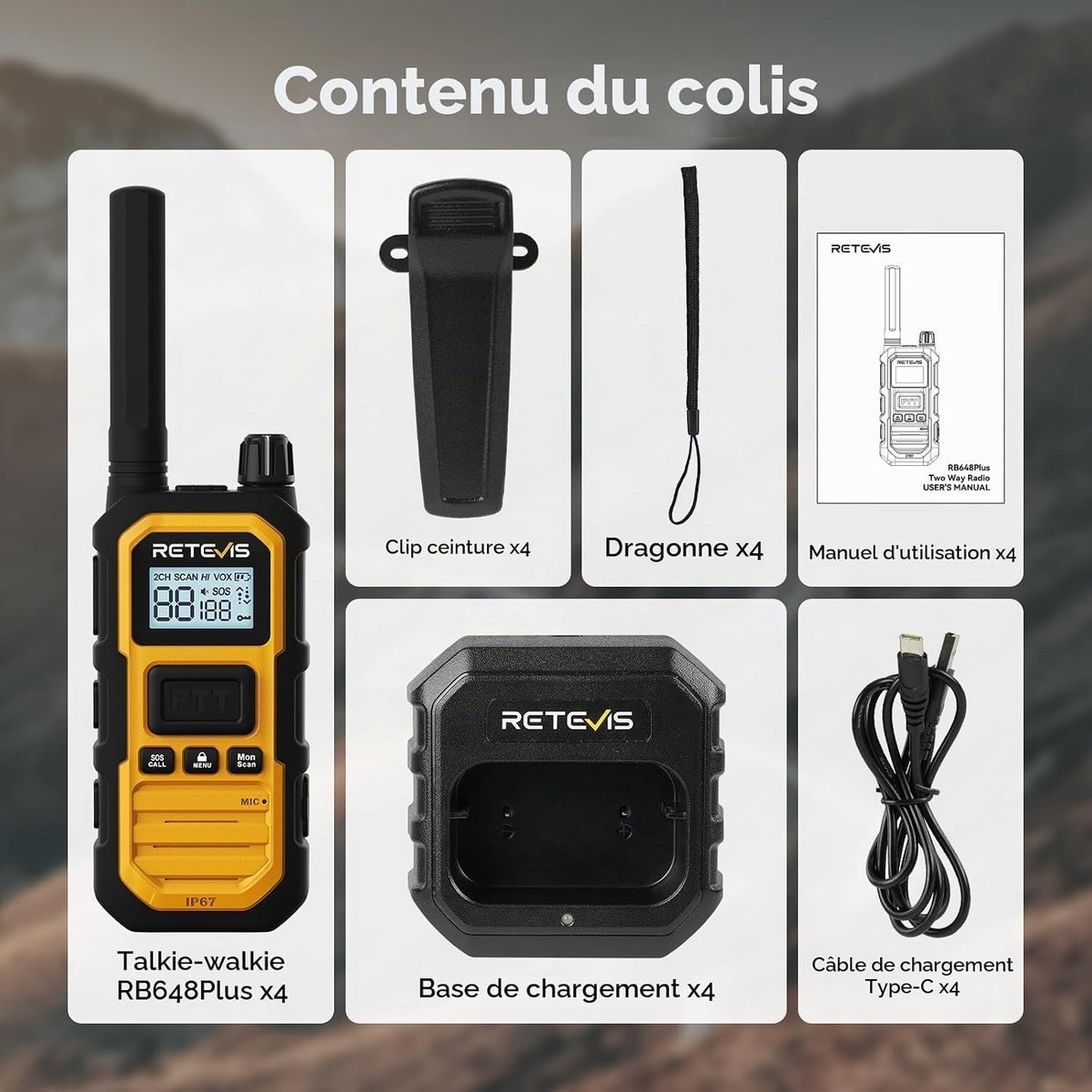 Walkie Talkie Two Way Radios Long Range IP67 Waterproof 2000mAh 4 Pack Yellow