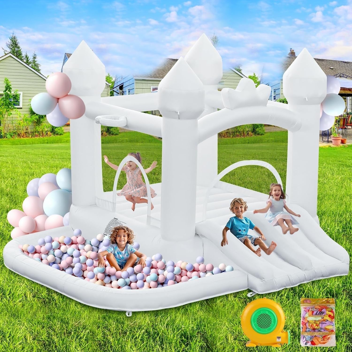 Bouncy Castle Inflatable Slide Trampoline Ball Pit White Garden Blower Kids