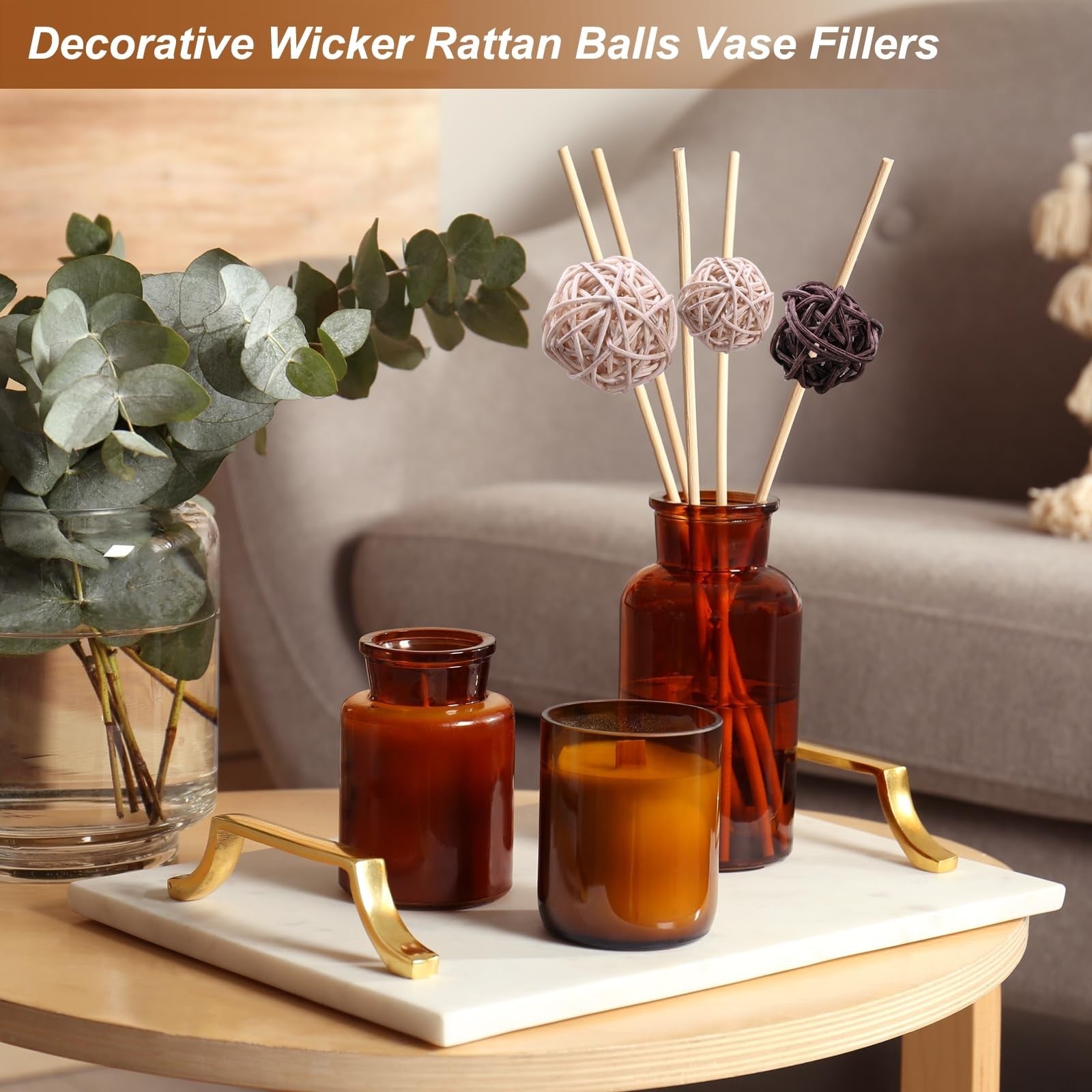 sourcing map 72 Pcs Wicker Rattan Balls, 1.2" 1.6" 2" 2.4" Wood Decorative Balls