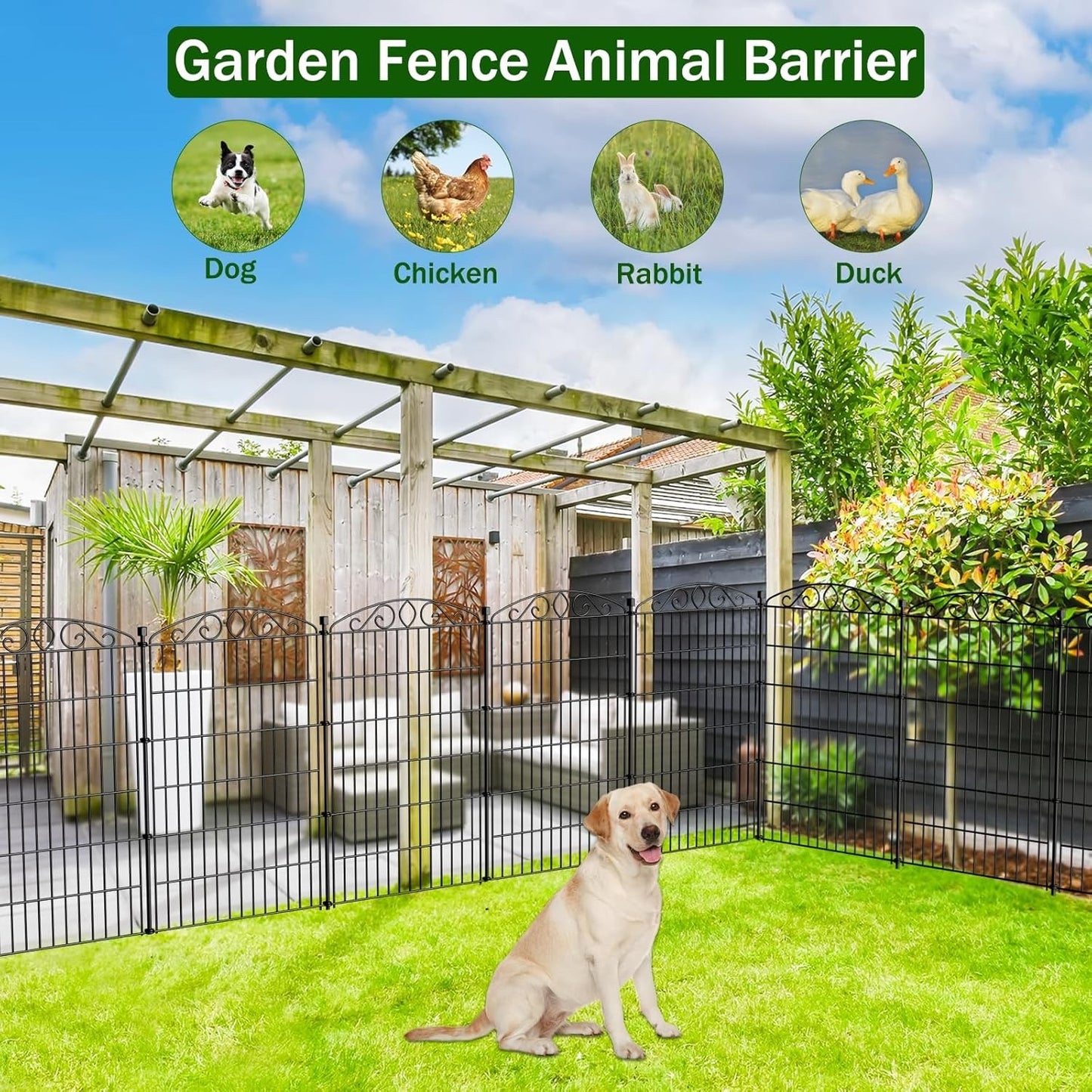 Metal Garden Fence Panels 6Pc Black Iron No Dig Outdoor Border 107cm x 389cm